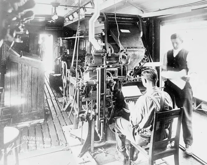 Framed Print : Linotype on press car, 1913. Creator: Bain News Service Framed Print : Linotype on press car, 1913. Creator: Bain News Service