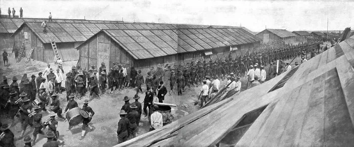 Framed Print : L'Installation en France de L'Avant-Garde Americaine; Un bataillon du 16th regiment... 1917. Creator: Unknown Framed Print : L'Installation en France de L'Avant-Garde Americaine; Un bataillon du 16th regiment... 1917. Creator: Unknown