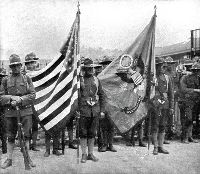 Framed Print : L'Installation en France de L'Avant-Garde Americaine; Les deux drapeaux du 16th... 1917. Creator: Jean Clair-Guyot Framed Print : L'Installation en France de L'Avant-Garde Americaine; Les deux drapeaux du 16th... 1917. Creator: Jean Clair-Guyot