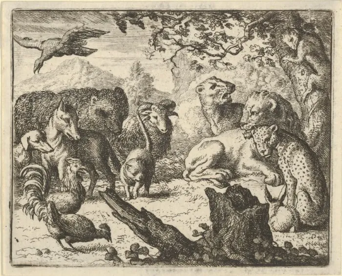 Framed Print : The Lion Announces a Durable Peace to the Animals who Surround Him, 1650-75