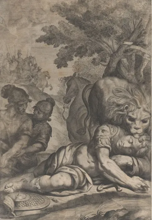 Framed Print : A lion atop a fallen horseman at right, with two other soldiers at left, 1640-70 Framed Print : A lion atop a fallen horseman at right, with two other soldiers at left, 1640-70