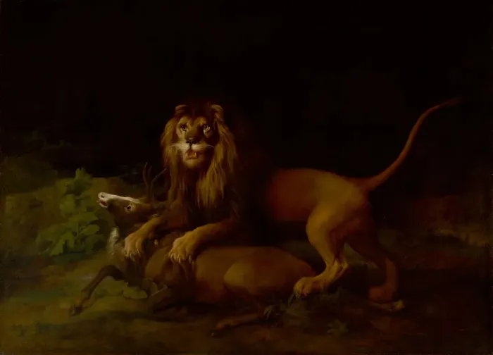 Framed Print : A Lion Attacking a Stag, between 1765 and 1766. Creator: George Stubbs Framed Print : A Lion Attacking a Stag, between 1765 and 1766. Creator: George Stubbs