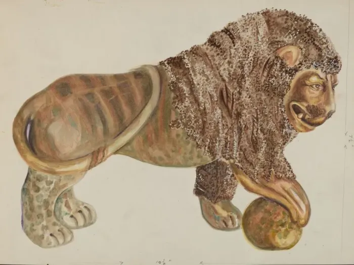 Framed Print : Lion and Ball Figurine, c. 1936. Creator: Ella Josephine Sterling Framed Print : Lion and Ball Figurine, c. 1936. Creator: Ella Josephine Sterling