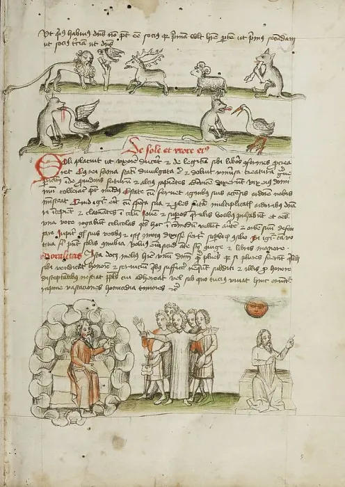 Framed Print : A Lion before a Bird in a Tree with a Stag, a Sheep, and a Wolf... third quarter of 15th century. Creator: Unknown Framed Print : A Lion before a Bird in a Tree with a Stag, a Sheep, and a Wolf... third quarter of 15th century. Creator: Unknown