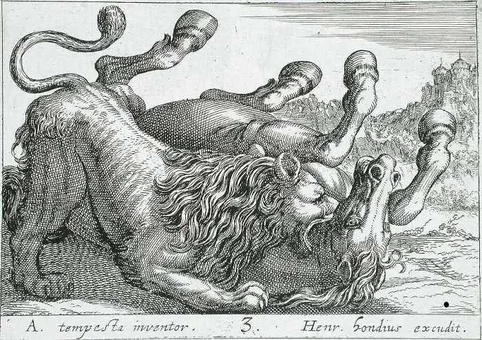 Framed Print : A Lion Biting a Horse's Neck, 1610. Creator: Hendrick Hondius I