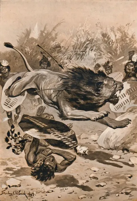 Framed Print : As The Lion Charged, 1902, (1903). Artist: Stanley Llewellyn Wood Framed Print : As The Lion Charged, 1902, (1903). Artist: Stanley Llewellyn Wood