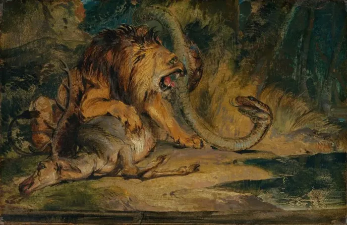 Framed Print : Lion Defending its Prey, c. 1840. Creator: Edwin Henry Landseer Framed Print : Lion Defending its Prey, c. 1840. Creator: Edwin Henry Landseer