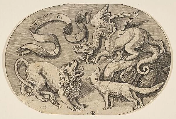 A lion, dragon and fox fighting each other, an inscribed banderole above, an oval c
