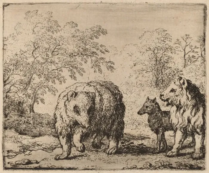 Framed Print : The Lion Frees the Bear and the Wolf, probably c. 1645 / 1656 Framed Print : The Lion Frees the Bear and the Wolf, probably c. 1645 / 1656