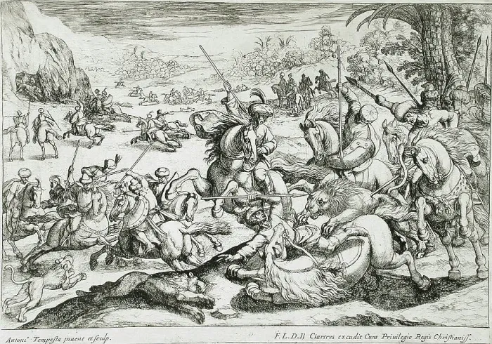 Framed Print : A Lion Hunt, 16th century. Creator: Antonio Tempesta Framed Print : A Lion Hunt, 16th century. Creator: Antonio Tempesta
