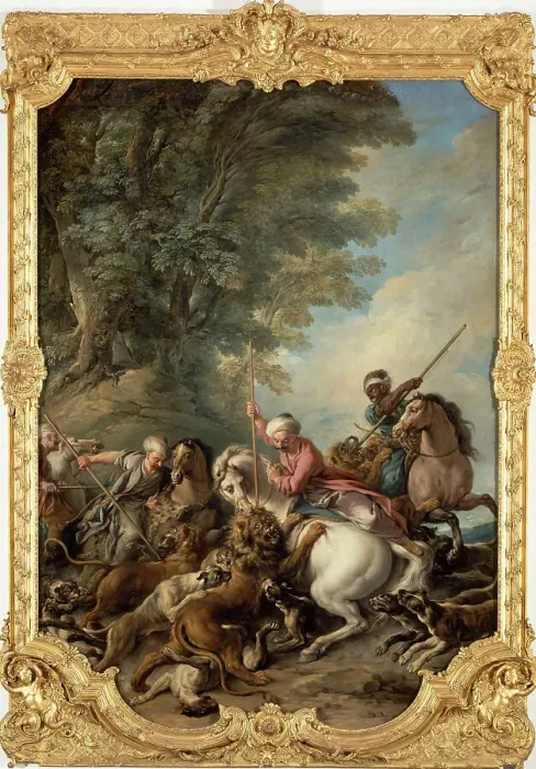 Framed Print : The Lion Hunt, 1735. Creator: Troy, Jean-François de (1679-1752) Framed Print : The Lion Hunt, 1735. Creator: Troy, Jean-François de (1679-1752)
