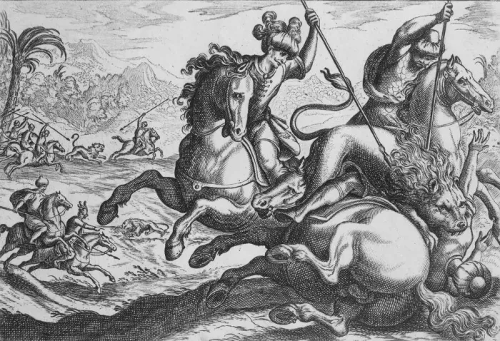 Framed Print : Lion Hunt, from Hunting Scenes IV, late 16th century. late 16th century Framed Print : Lion Hunt, from Hunting Scenes IV, late 16th century. late 16th century