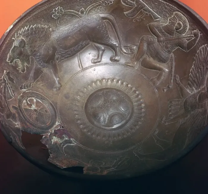 Framed Print : Detail of a lion-hunt on the inside of a bronze bowl, 8th century BC Framed Print : Detail of a lion-hunt on the inside of a bronze bowl, 8th century BC