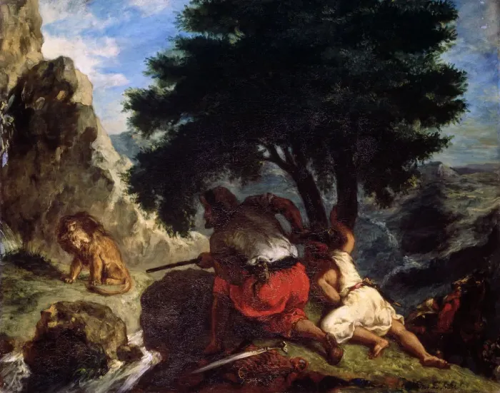 Framed Print : Lion Hunt in Morocco, 1854. Artist: Eugene Delacroix Framed Print : Lion Hunt in Morocco, 1854. Artist: Eugene Delacroix