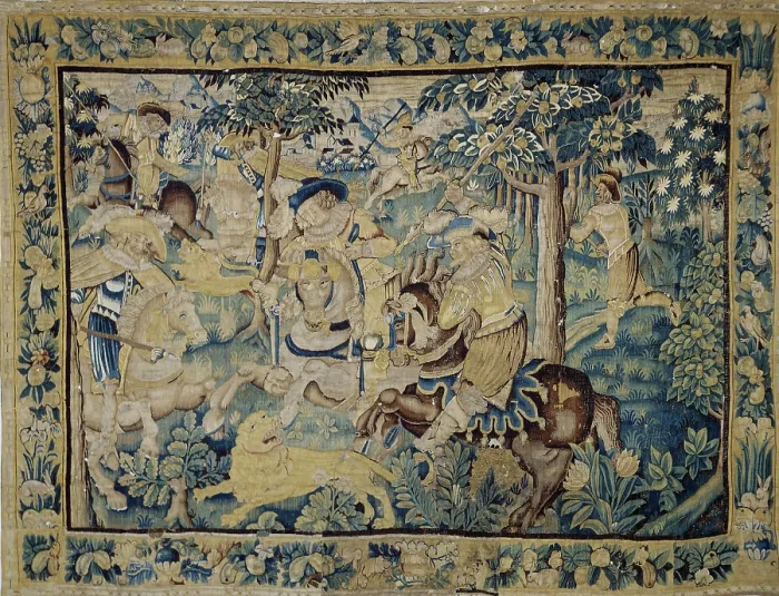 Framed Print : Lion Hunting. Tapestry, 17th century. Creator: Anonymous master Framed Print : Lion Hunting. Tapestry, 17th century. Creator: Anonymous master
