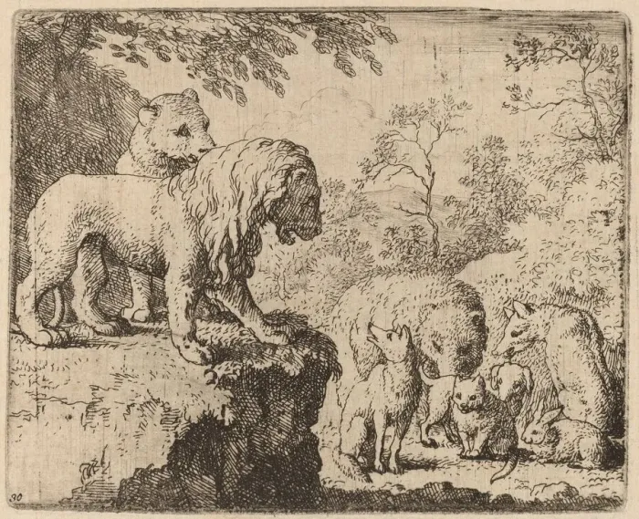 Framed Print : The Lion Pardons Reynard before the Other Animals, probably c. 1645 / 1656 Framed Print : The Lion Pardons Reynard before the Other Animals, probably c. 1645 / 1656
