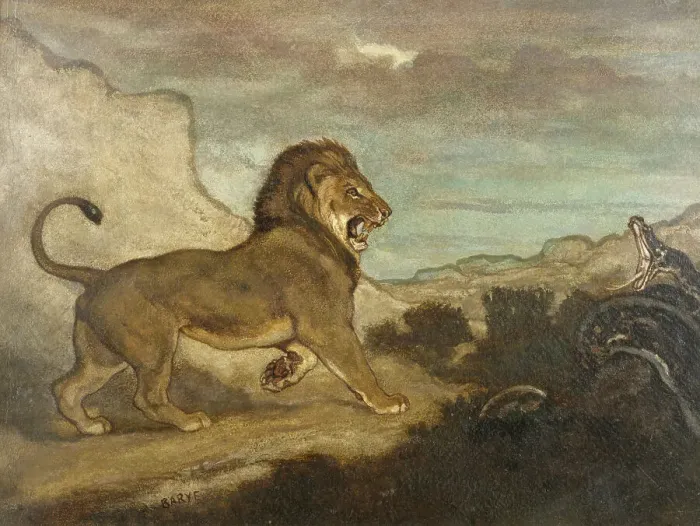 Framed Print : Lion and Python, c1863. Creator: Antoine-Louis Barye Framed Print : Lion and Python, c1863. Creator: Antoine-Louis Barye
