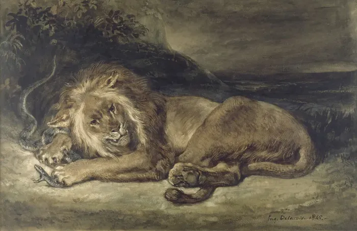 Framed Print : Lion and Snake, 1846. Creator: Eugene Delacroix Framed Print : Lion and Snake, 1846. Creator: Eugene Delacroix