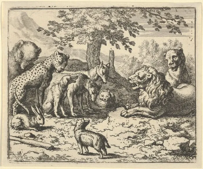 Framed Print : The Lion Takes the Advice of the Other Animals for Renards Punishment, 1650-75 Framed Print : The Lion Takes the Advice of the Other Animals for Renards Punishment, 1650-75