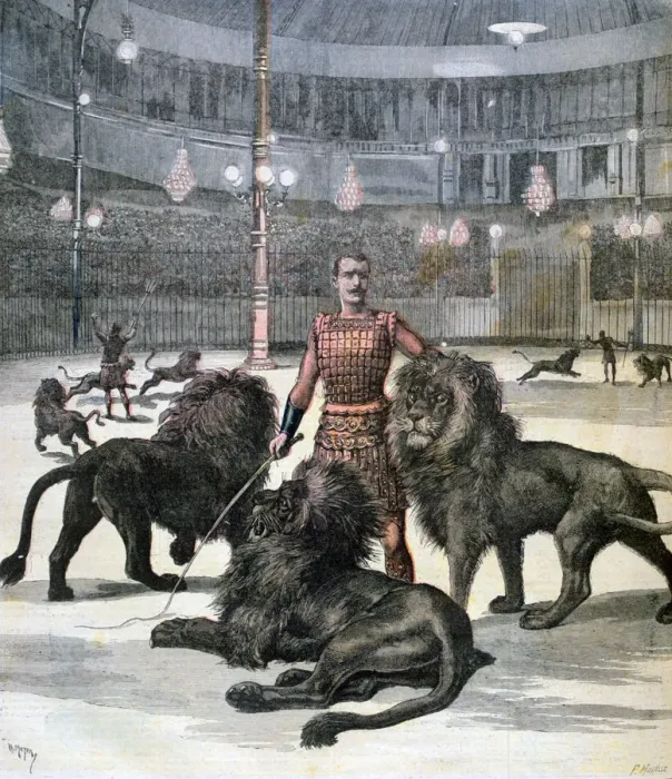 Framed Print : Lion taming at the L hippodrome, Paris, 1891. Artist: Henri Meyer Framed Print : Lion taming at the L hippodrome, Paris, 1891. Artist: Henri Meyer