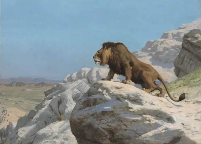 Framed Print : Lion on the Watch, c. 1885. Creator: Jean-Leon Gerome (French, 1824-1904) Framed Print : Lion on the Watch, c. 1885. Creator: Jean-Leon Gerome (French, 1824-1904)