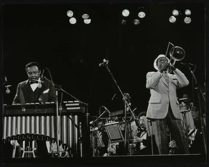 Framed Print : Lionel Hampton (vibraphone) and Al Grey (trombone) on stage at Knebworth, Hertfordshire, July 1982 Framed Print : Lionel Hampton (vibraphone) and Al Grey (trombone) on stage at Knebworth, Hertfordshire, July 1982