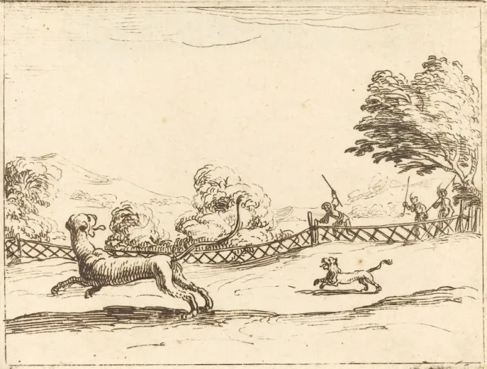 Framed Print : Lioness and Cub Pursued by Hunters. Creator: Jacques Callot Framed Print : Lioness and Cub Pursued by Hunters. Creator: Jacques Callot