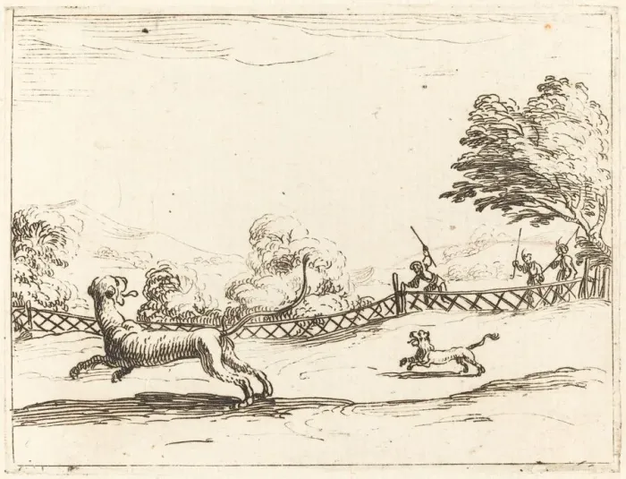 Framed Print : Lioness and Cub Pursued by Hunters. Creator: Jacques Callot Framed Print : Lioness and Cub Pursued by Hunters. Creator: Jacques Callot