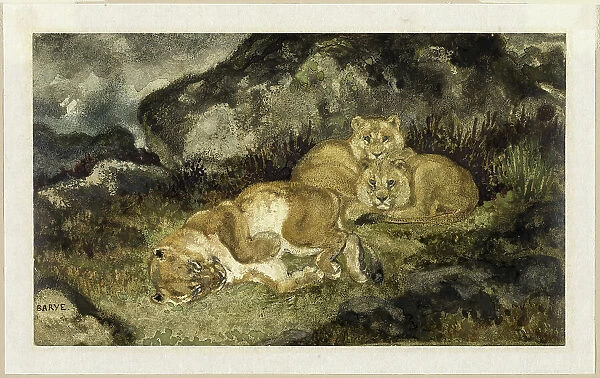 Lioness and Cubs, c. 1832. Creator: Antoine-Louis Barye