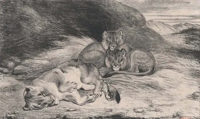 Framed Print : Lioness and Cubs, possibly 1832. Creator: Antoine-Louis Barye Framed Print : Lioness and Cubs, possibly 1832. Creator: Antoine-Louis Barye