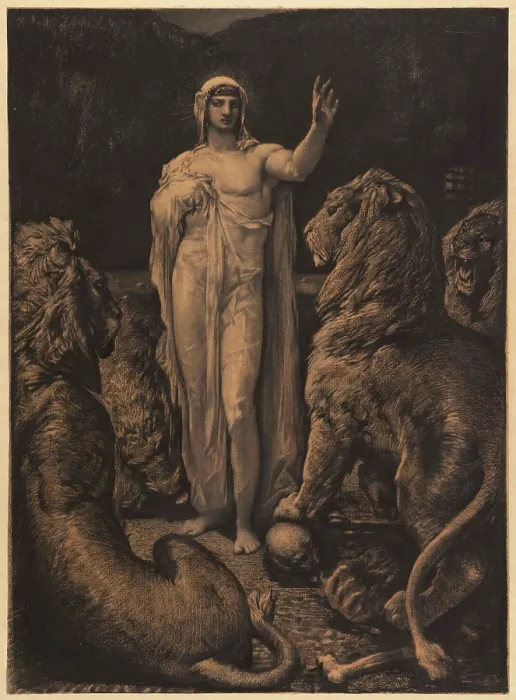 Framed Print : The Lions. Illustration for The Legend of the Ages (La Legende des siecles) by Victor Hugo, c1860-65 Creator: Chifflart, Francois (1825-1901) Framed Print : The Lions. Illustration for The Legend of the Ages (La Legende des siecles) by Victor Hugo, c1860-65 Creator: Chifflart, Francois (1825-1901)