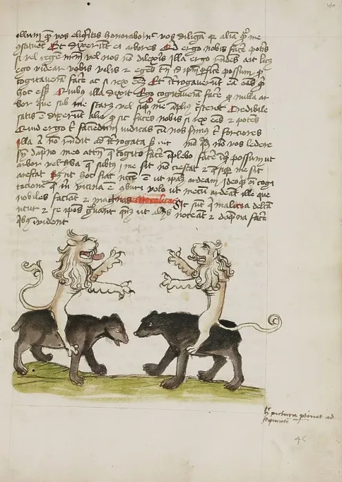 Framed Print : Two Lions Sitting on the Backs of Two Bears; Fables, third quarter of 15th century. Creator: Unknown Framed Print : Two Lions Sitting on the Backs of Two Bears; Fables, third quarter of 15th century. Creator: Unknown