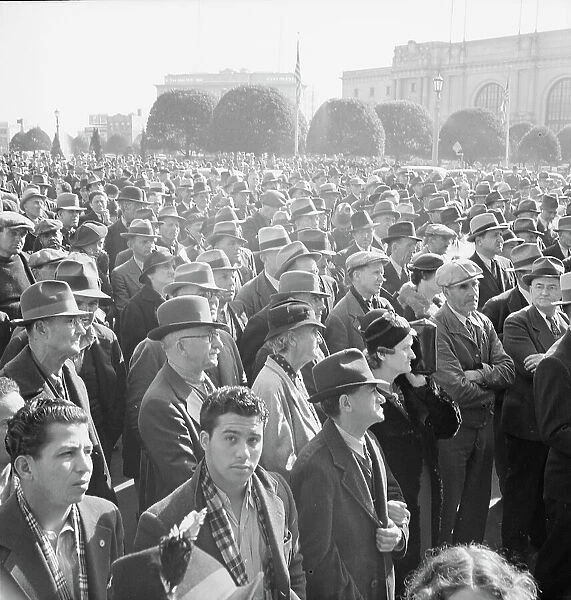 Listening to speeches at mass meeting of WPA workers... San Francisco, California, 1939. Creator: Dorothea Lange