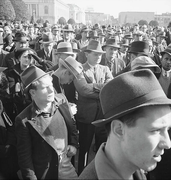 Listening to speeches at mass meeting of WPA workers protesting... San Francisco, California, 1939. Creator: Dorothea Lange