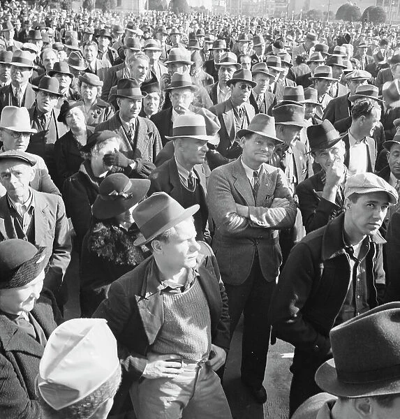 Listening to speeches at mass meeting of WPA workers... San Francisco, California, 1939. Creator: Dorothea Lange