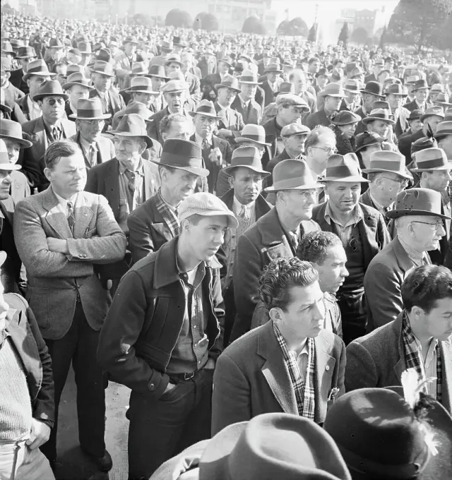 Framed Print : Listening to speeches at mass meeting of WPA workers protesting... San Francisco, California, 1939. Creator: Dorothea Lange Framed Print : Listening to speeches at mass meeting of WPA workers protesting... San Francisco, California, 1939. Creator: Dorothea Lange