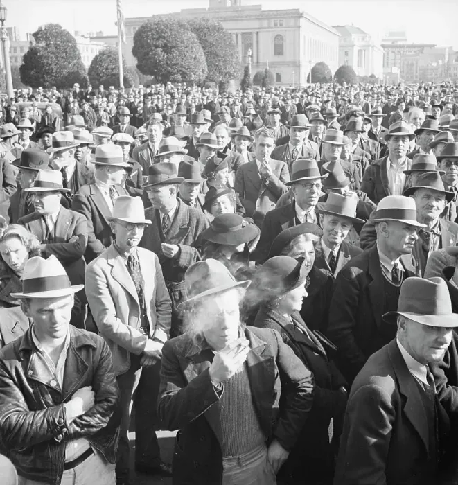 Framed Print : Listening to speeches at mass meeting of WPA workers protesting... San Francisco, California, 1939. Creator: Dorothea Lange Framed Print : Listening to speeches at mass meeting of WPA workers protesting... San Francisco, California, 1939. Creator: Dorothea Lange