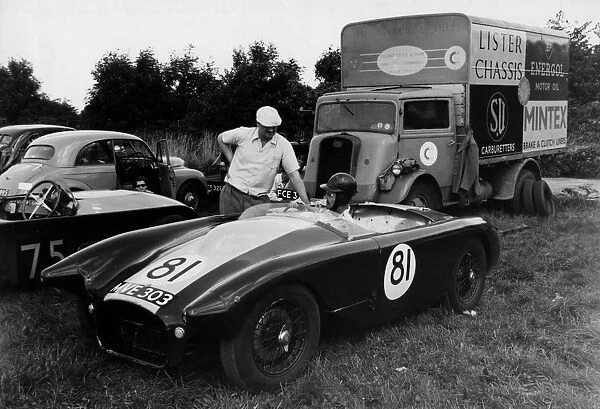 Lister Bristol with Archie Scott Brown and Brian Lister in paddock 1954. Creator: Unknown