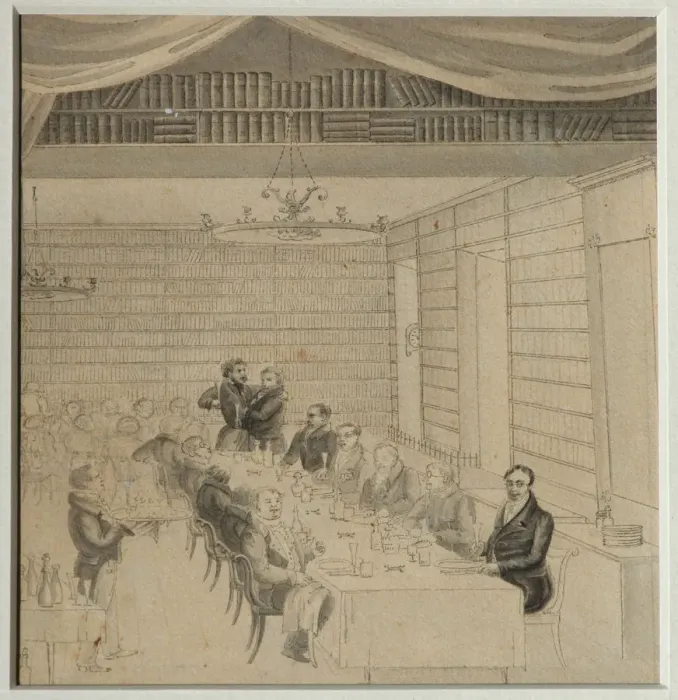 Framed Print : Literary Feasting in the bookstore of Aleksander Smirdin, 1832. Artist: Briullov, Alexander Pavlovich (1798-1877) Framed Print : Literary Feasting in the bookstore of Aleksander Smirdin, 1832. Artist: Briullov, Alexander Pavlovich (1798-1877)