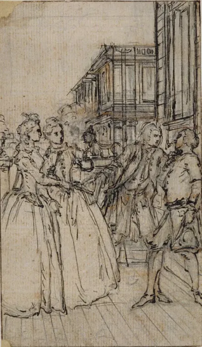 Framed Print : Literary Illustration with Two Ladies and Two Gentlemen in a Street, n. d Framed Print : Literary Illustration with Two Ladies and Two Gentlemen in a Street, n. d
