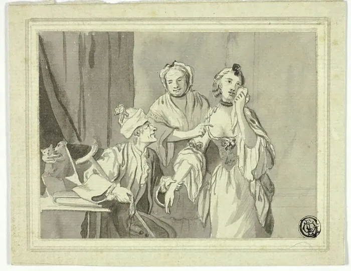 Framed Print : Literary Illustration: Old Man Detaining Young Woman, Who is Accompanied by Older Woman, n.d. Creators: John Collet, Jacques Callot Framed Print : Literary Illustration: Old Man Detaining Young Woman, Who is Accompanied by Older Woman, n.d. Creators: John Collet, Jacques Callot
