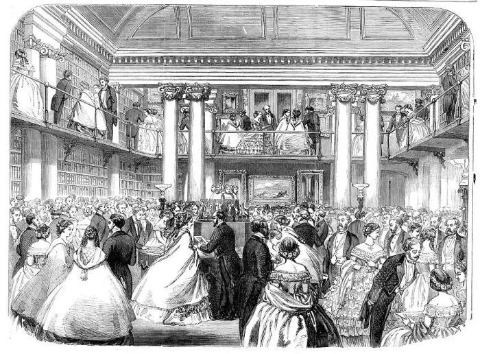 Framed Print : Literary reunion in Mr. Mudie's new hall, 1860. Creator: Unknown Framed Print : Literary reunion in Mr. Mudie's new hall, 1860. Creator: Unknown
