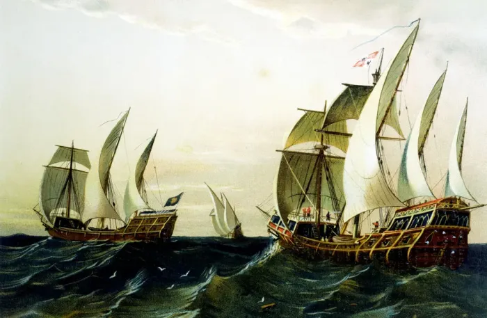 Framed Print : Detail of a lithograph made ??in 1875 showing the Caravels of Columbus first voyage Framed Print : Detail of a lithograph made ??in 1875 showing the Caravels of Columbus first voyage