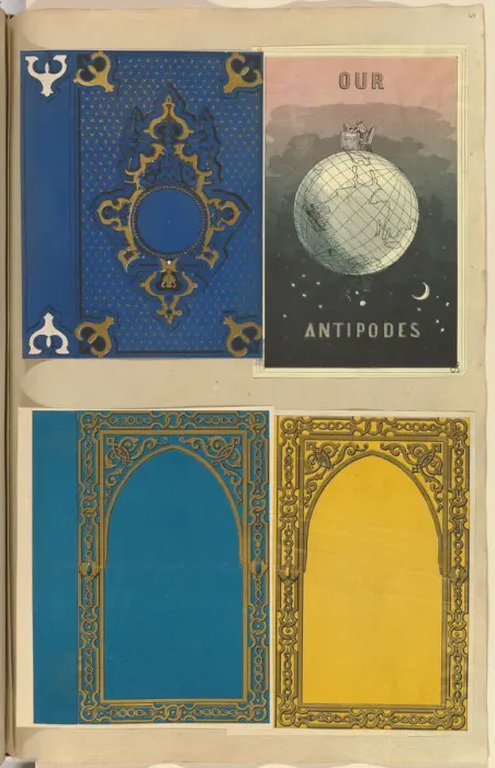 Framed Print : Four Lithographed Bookcovers, One for Our Antipodes, 1845-70. Creator: Alfred Crowquill Framed Print : Four Lithographed Bookcovers, One for Our Antipodes, 1845-70. Creator: Alfred Crowquill
