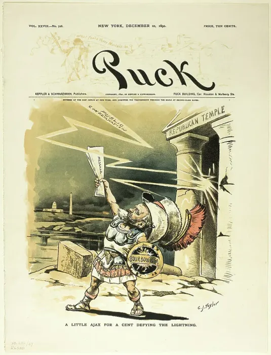 Framed Print : A Little Ajax for a Cent Defying the Lightning, from Puck, published December 10, 1890. Creator: Charles Jay Taylor