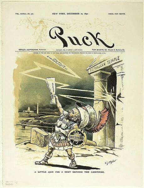 A Little Ajax for a Cent Defying the Lightning, from Puck, published December 10, 1890. Creator: Charles Jay Taylor