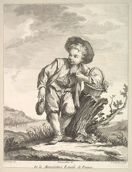 Little boy holding a basket of grapes, from Deuxieme Livre de Figures d aprè