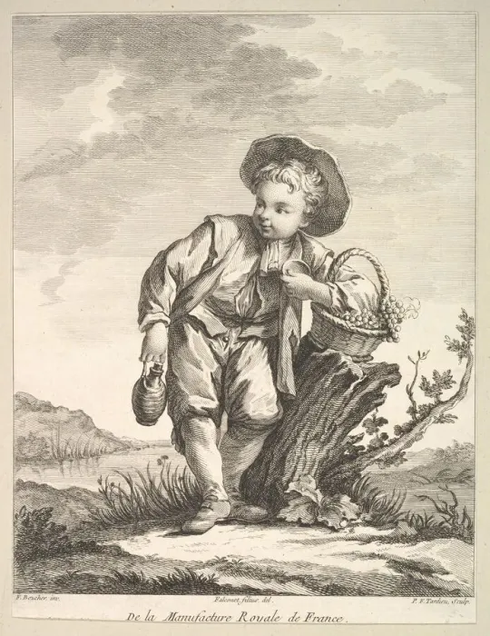 Framed Print : Little boy holding a basket of grapes, from Deuxieme Livre de Figures d aprè Framed Print : Little boy holding a basket of grapes, from Deuxieme Livre de Figures d aprè