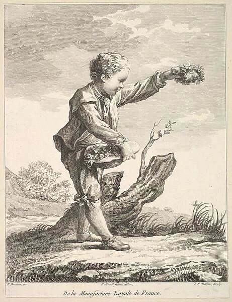 Little boy holding a wreath and basket of flowers, from Deuxieme Livre de Figures d