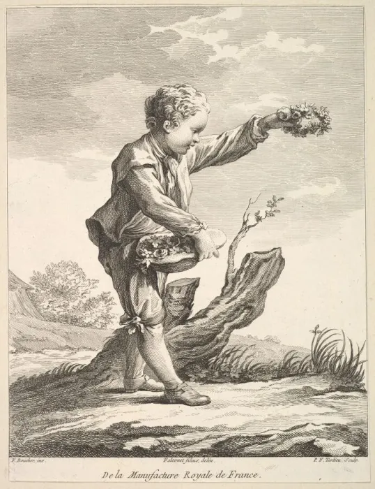 Framed Print : Little boy holding a wreath and basket of flowers, from Deuxieme Livre de Figures d Framed Print : Little boy holding a wreath and basket of flowers, from Deuxieme Livre de Figures d
